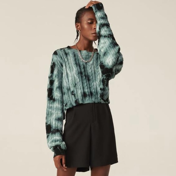 Tie dye teal navy knit cropped sweater. 100% Cotton - Picture 3 of 10